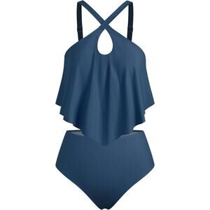 Women's 2 pcs Tankini Bikini Cross Cutout Flowy Swim Top Tummy Control Bottom L